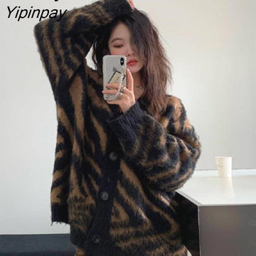 Yipinpay 2023 Autumn Street Style Zebra pattern Knit Women's Sweater Y2K Button Up Loose Long Sleeve Cardigan Coat Winter Outwear
